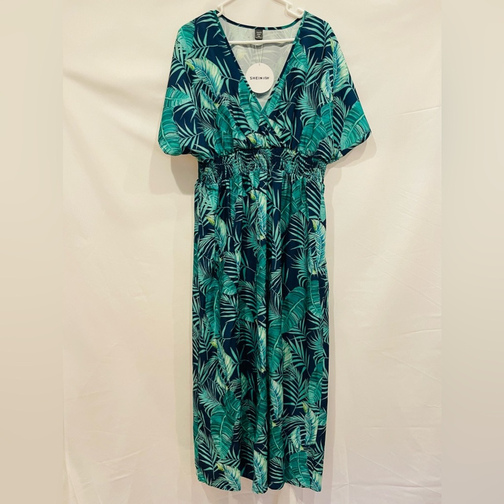 SHEIN Teal and Navy Tropical Print Maxi Dress